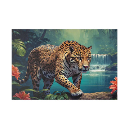 Leopard with orange coat and black spots walking along a rocky bank beside a waterfall in a tropical jungle canvas print.