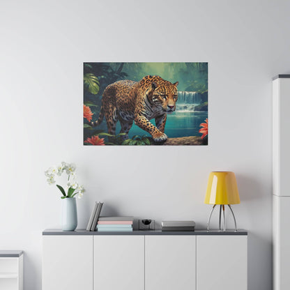 Framed wall art depicting a leopard walking near a waterfall in a tropical jungle.