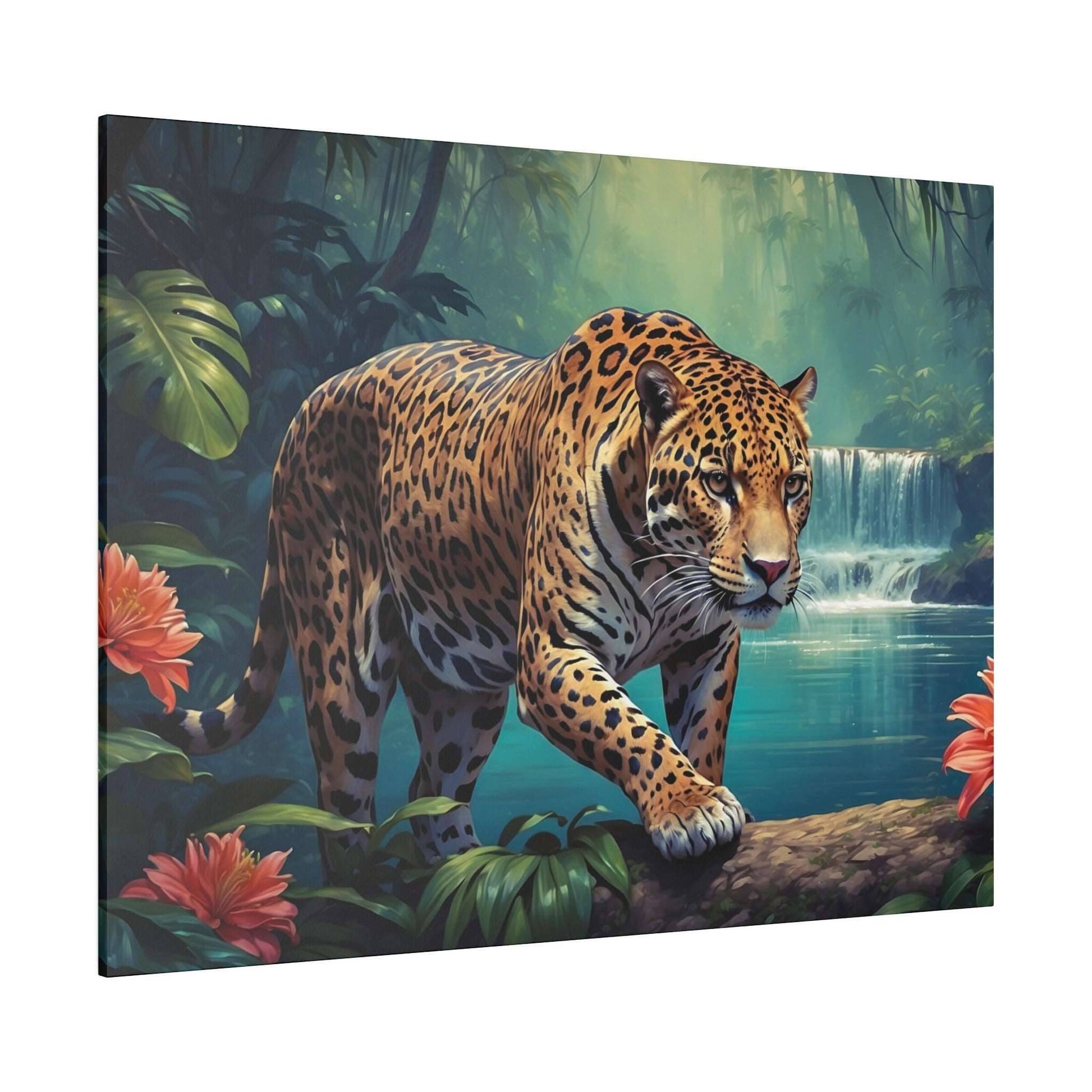 Leopard walking on a log in a lush jungle beside a waterfall, surrounded by tropical plants on a canvas print.