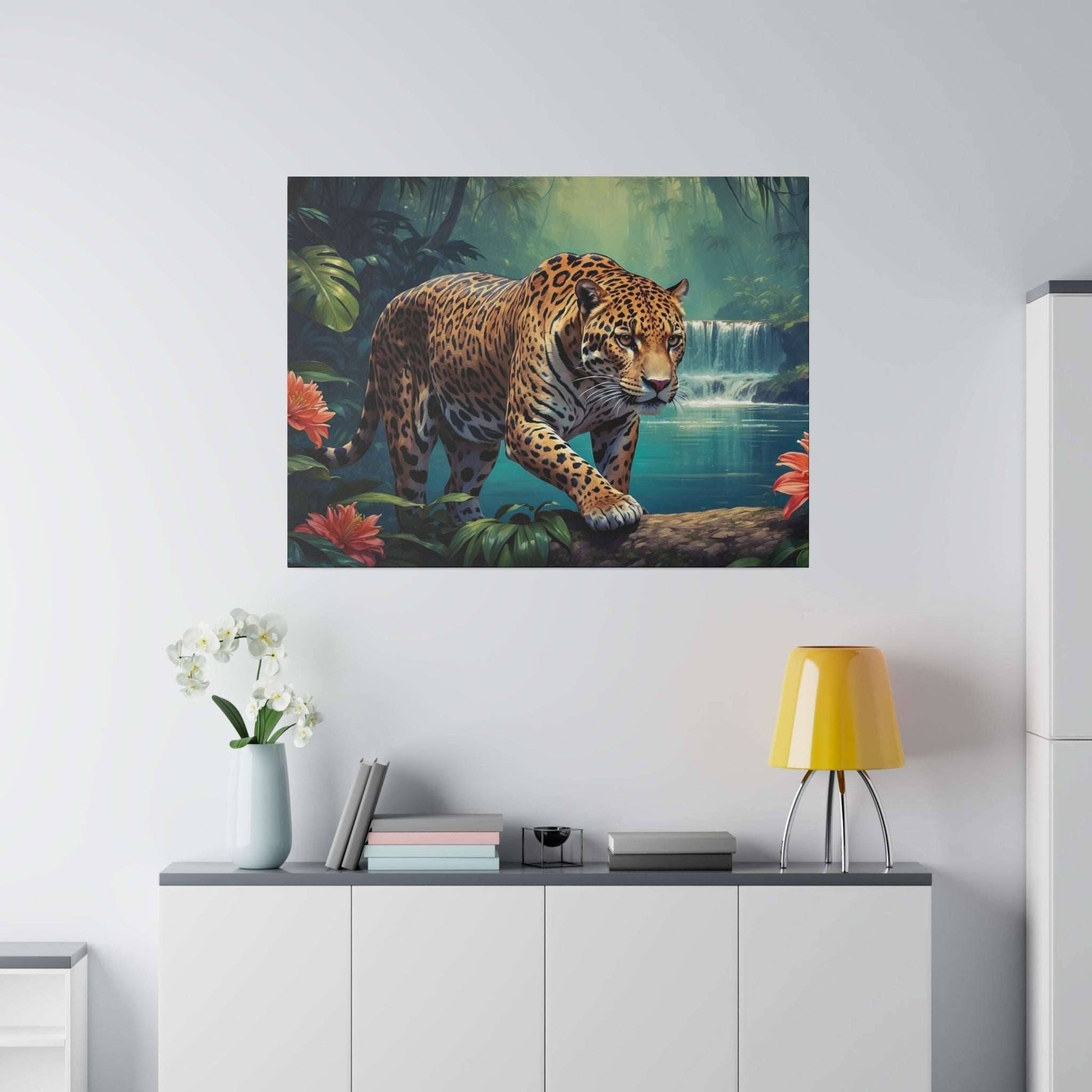 Leopard walking on a rock in a tropical jungle with a waterfall and green foliage in the background; canvas print.