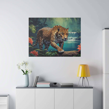 Leopard walking on a rock in a tropical jungle with a waterfall and green foliage in the background; canvas print.