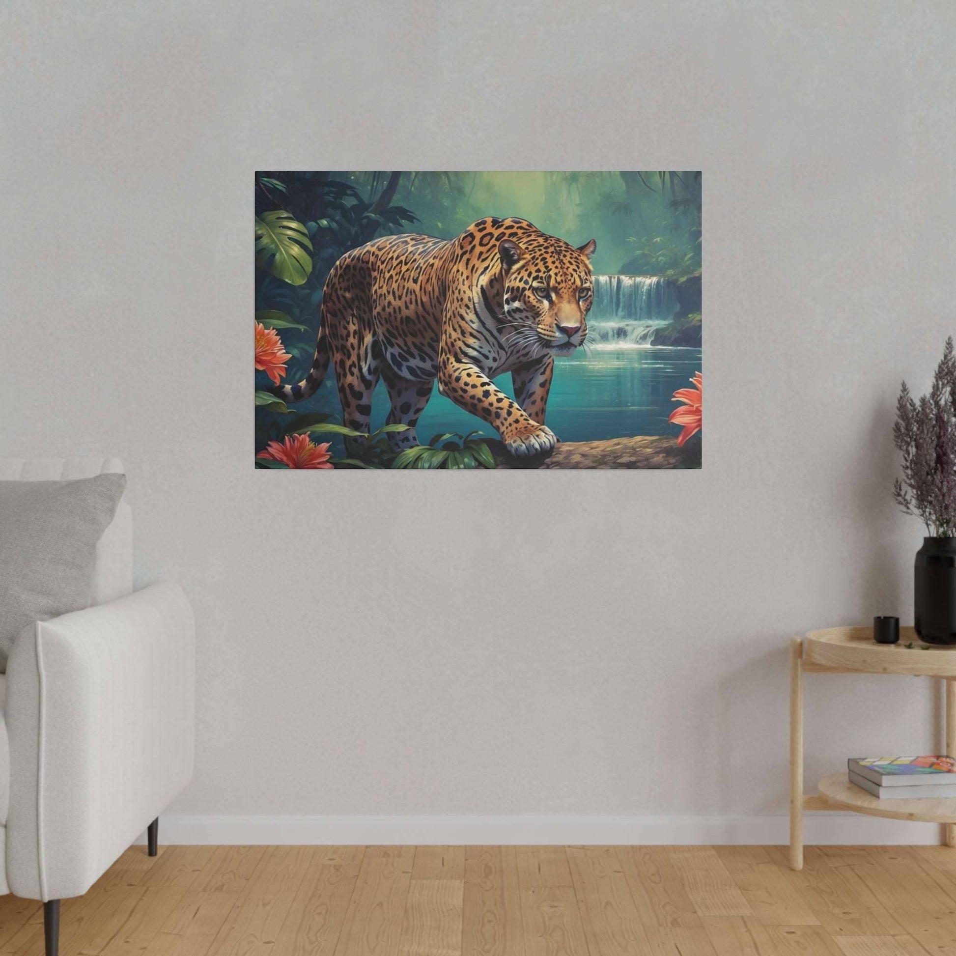 Leopard walking on rocks in a lush jungle with a waterfall in the background, on a wall canvas print.