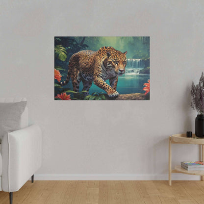 Leopard walking on rocks in a lush jungle with a waterfall in the background, on a wall canvas print.