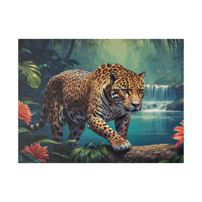 Leopard walking along a log in a lush jungle by a waterfall on a printed canvas.