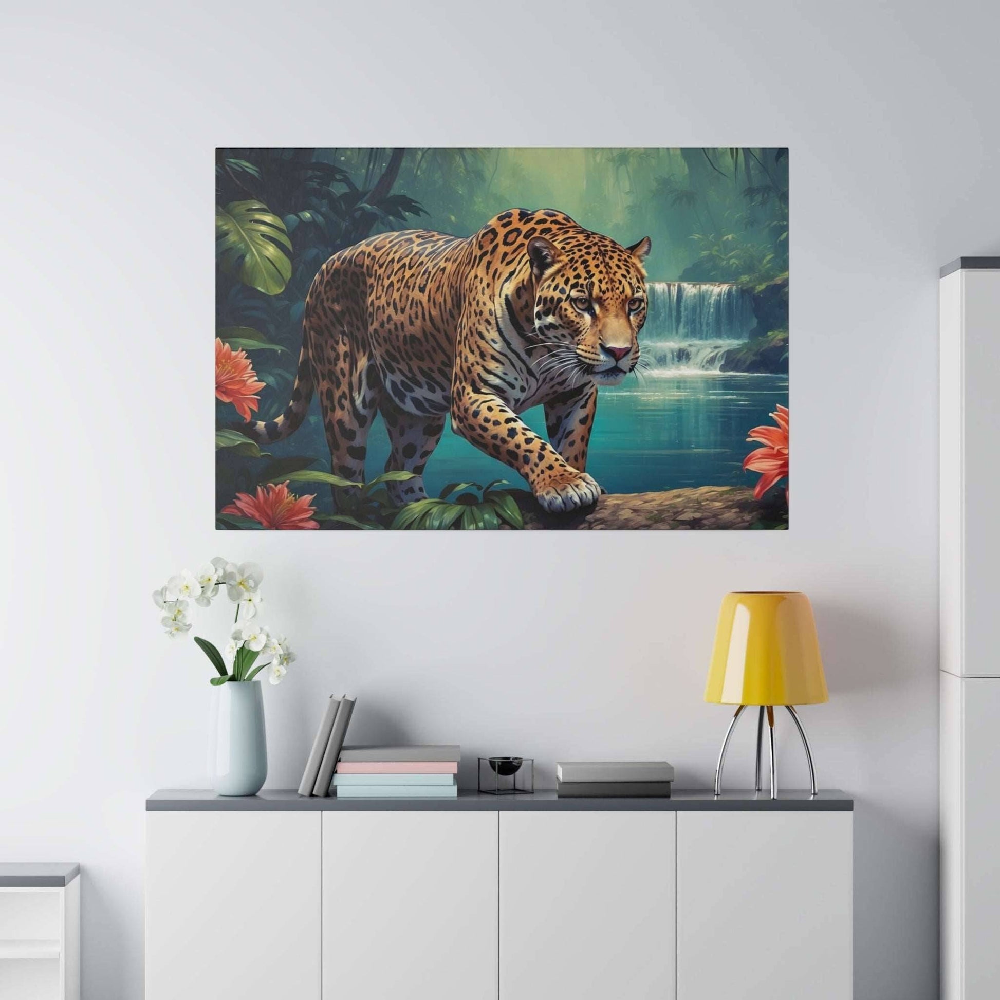 Leopard walking on rocks beside a cascading waterfall in a lush jungle scene (canvas print).
