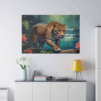 Leopard walking on rocks beside a cascading waterfall in a lush jungle scene (canvas print).