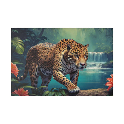 Leopard walking along a rocky ledge beside a turquoise pool and waterfall in a lush jungle.