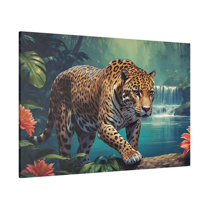 Leopard with orange coat and black rosettes walks along a jungle path beside a turquoise pool and small waterfall.