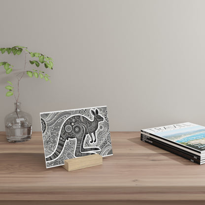 A black-and-white intricately patterned card featuring a rabbit sits on a small wooden stand on a light wood desk beside a glass vase and