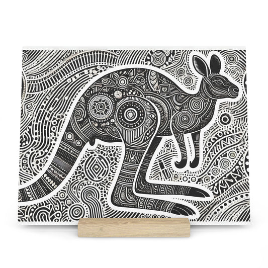 Intricate black-and-white doodle illustration of a patterned kangaroo, displayed as a poster on a wooden stand.
