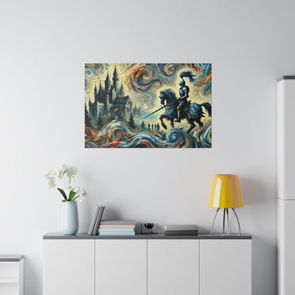 Colorful painting of a medieval knight on a blue horse charging past a castle, with swirling abstract waves in blues and yellows.
