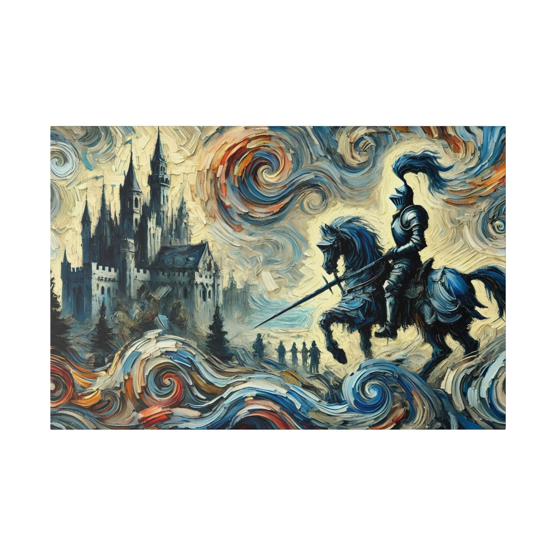 An oil-style painting of a knight in armor on a blue horse, lance raised, beside a Gothic castle under swirling multicolored skies.