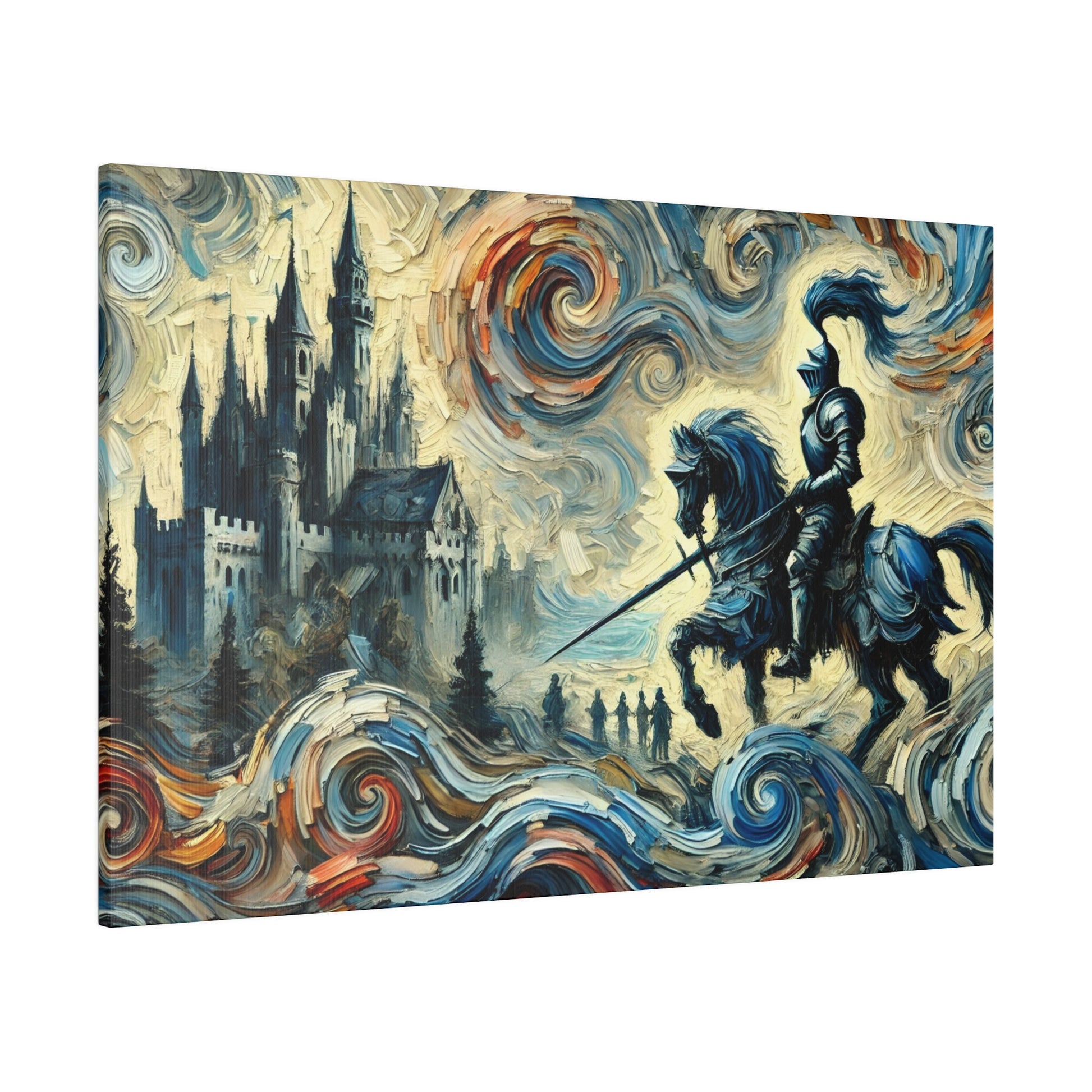 A textured painting of an armored knight on a blue horse, riding past a Gothic castle beneath swirling, multicolored skies.