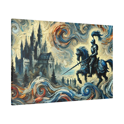 A textured painting of an armored knight on a blue horse, riding past a Gothic castle beneath swirling, multicolored skies.