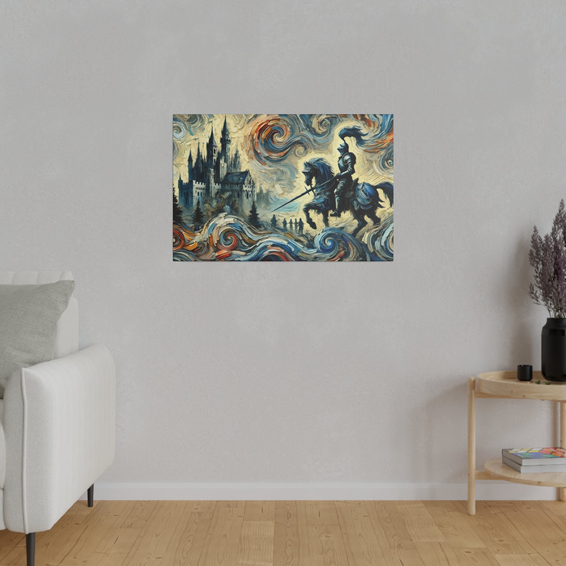 Colorful painting of a knight on a horse with a sword before a castle, surrounded by swirling blue and orange waves.