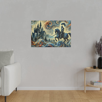 Colorful painting of a knight on a horse with a sword before a castle, surrounded by swirling blue and orange waves.