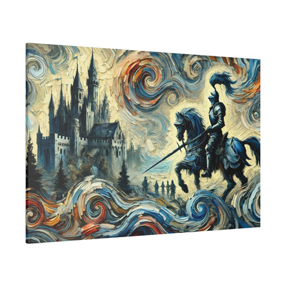 Painted scene of an armored knight on a dark horse with a raised sword, approaching a medieval castle beneath swirling, colorful skies.