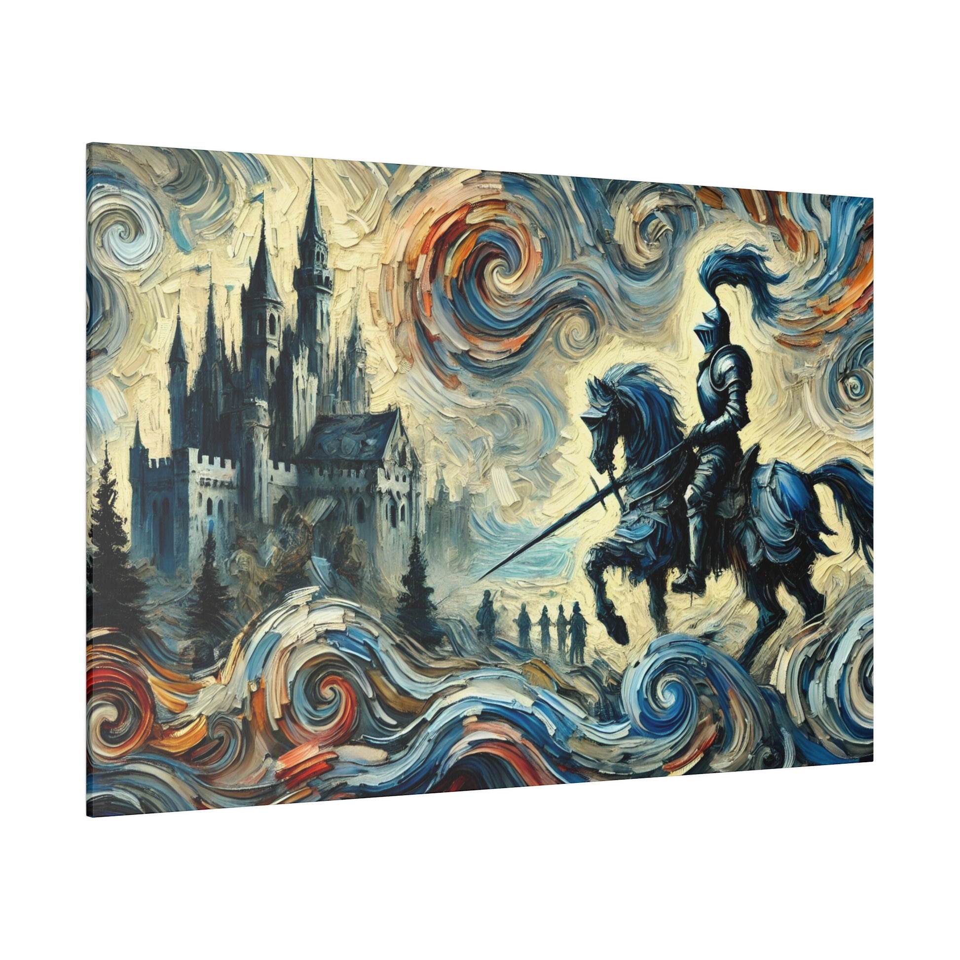 Oil painting of a armored knight on a blue horse with a sword, riding toward a Gothic castle amid swirling multicolored skies.