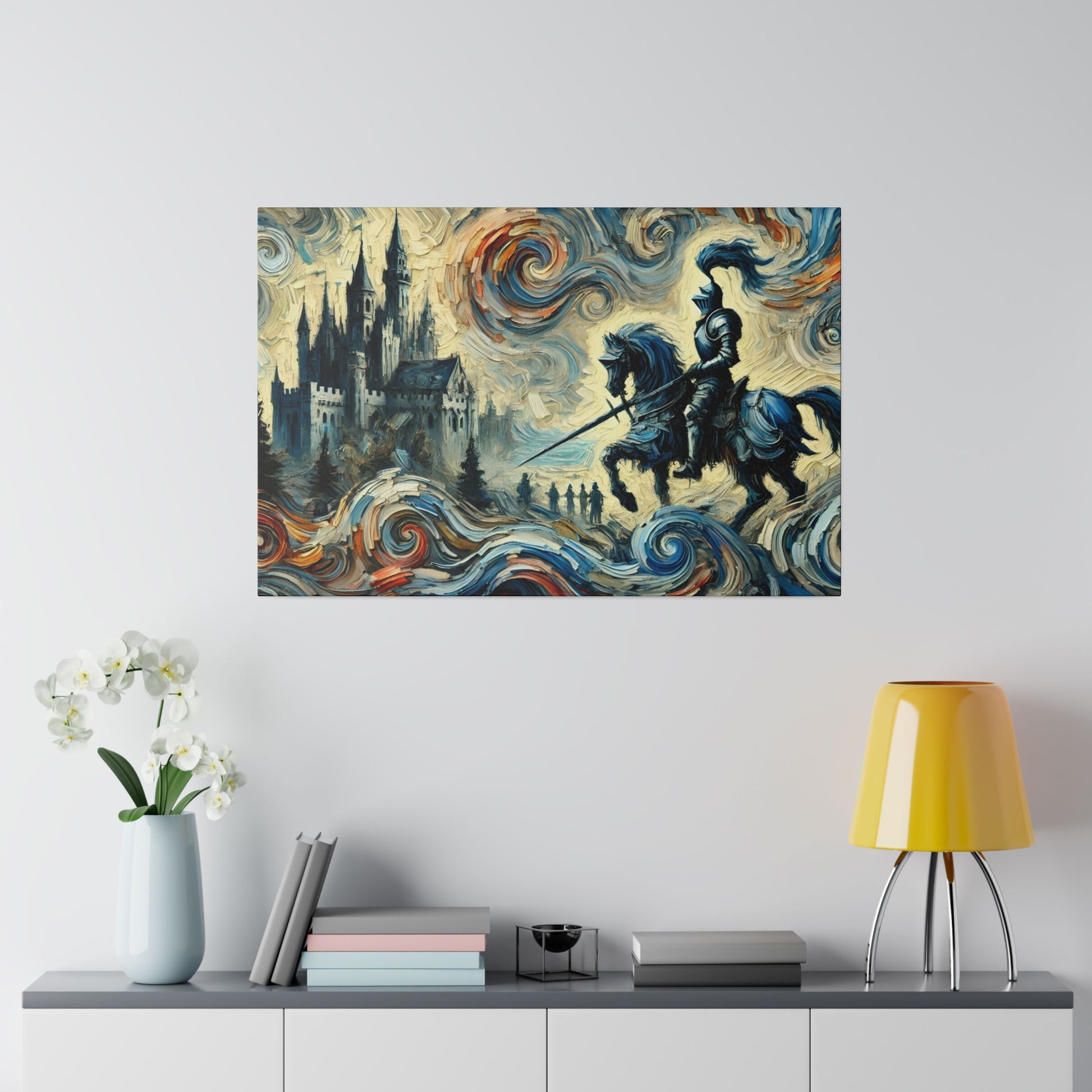 Colorful impressionist-style painting of a knight on a blue horse charging past a castle with swirling waves.