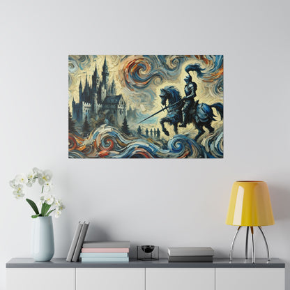 Colorful impressionist-style painting of a knight on a blue horse charging past a castle with swirling waves.