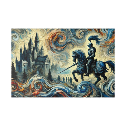 A knight on a dark horse with a sword, riding through swirling blue and beige stormy landscape toward a distant castle.
