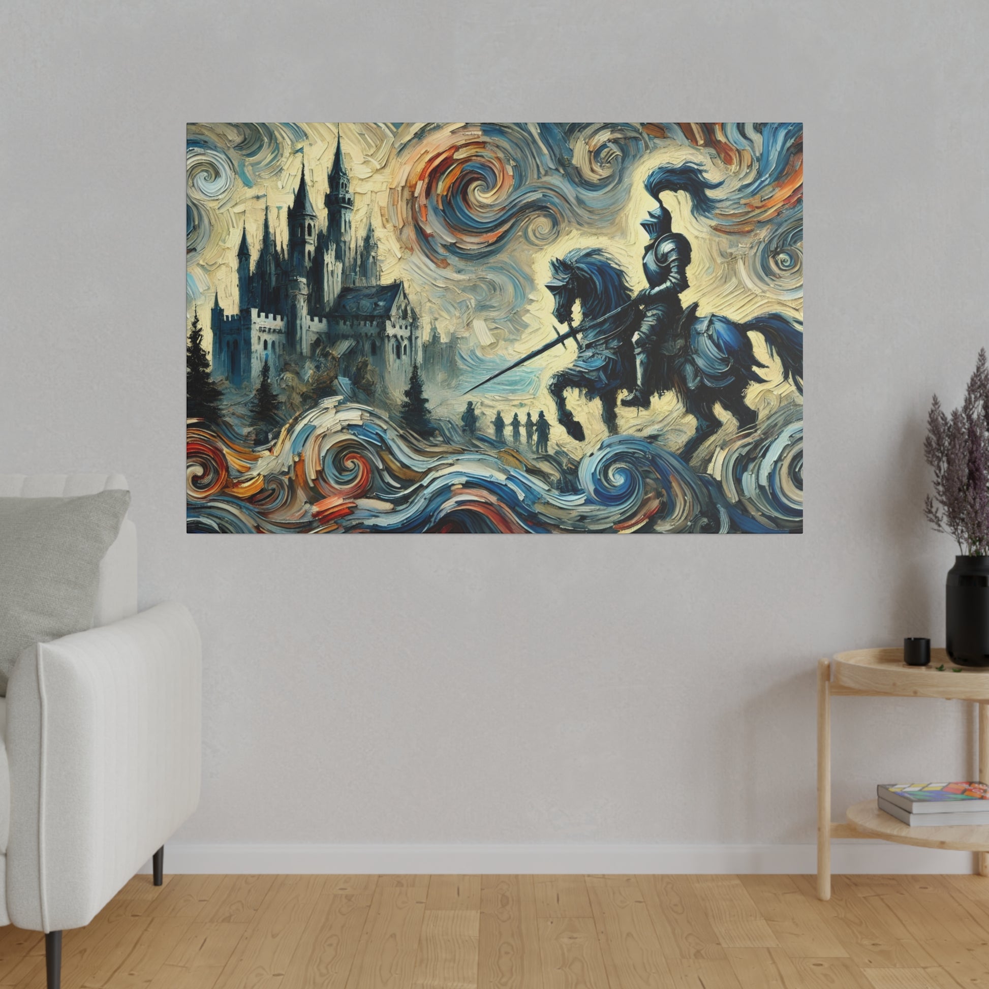 A vibrant, swirl-patterned painting of an armored knight on a horse charging toward a dark castle amid swirling waves.
