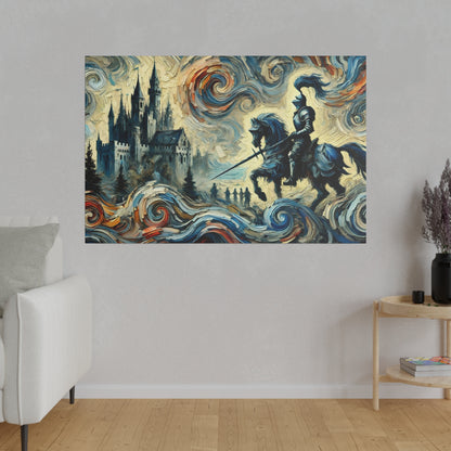 A vibrant, swirl-patterned painting of an armored knight on a horse charging toward a dark castle amid swirling waves.