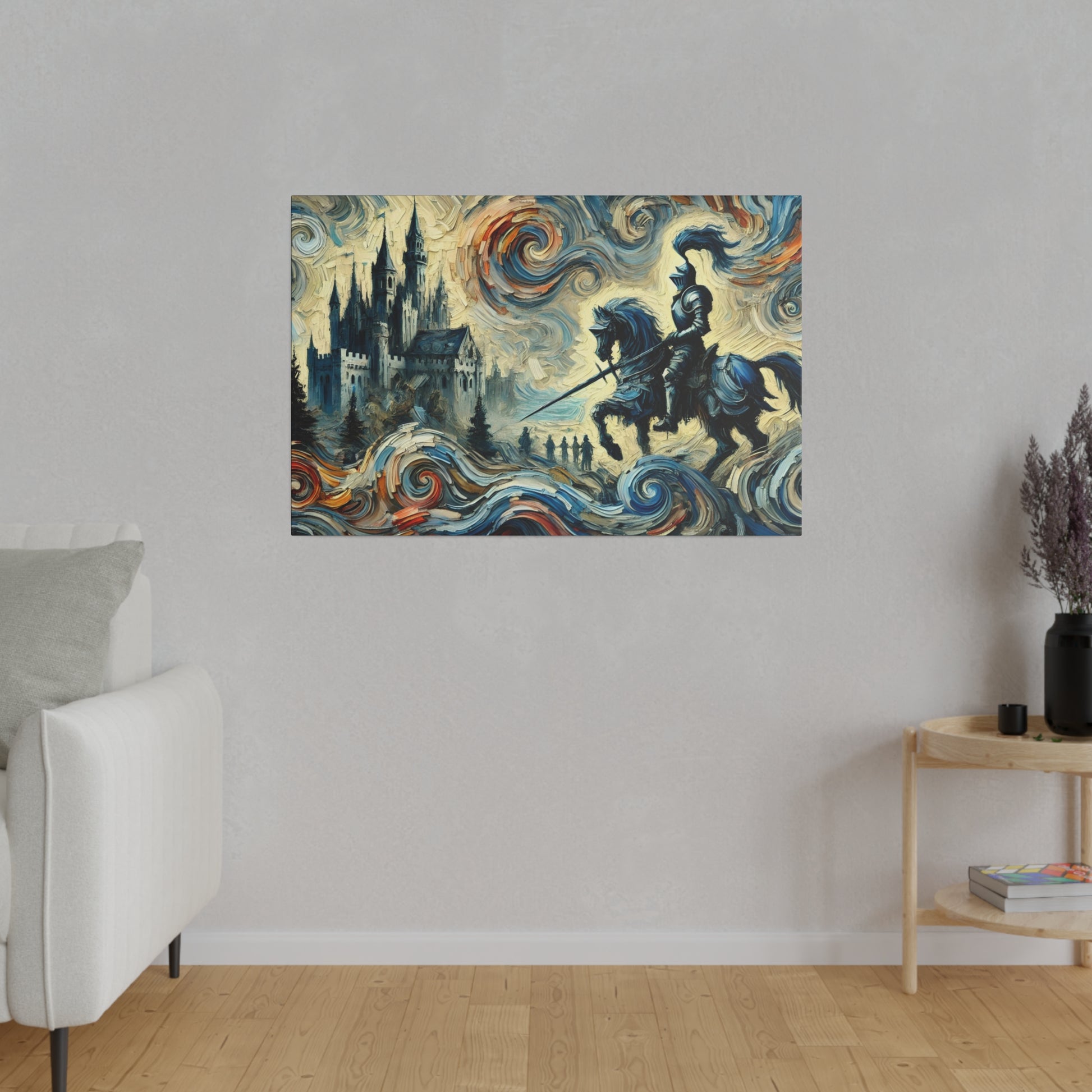 Colorful painting of a knight on horseback beside a castle, amid swirling blue, red, and yellow waves.