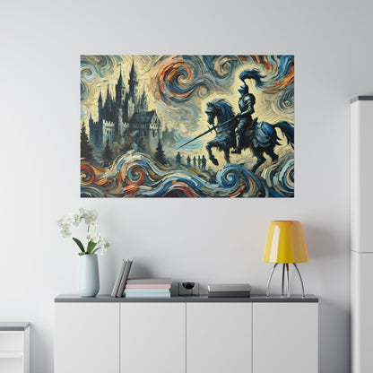 Colorful fantasy painting of an armored knight on a blue horse with a spear, riding toward a gothic castle amid swirling waves.