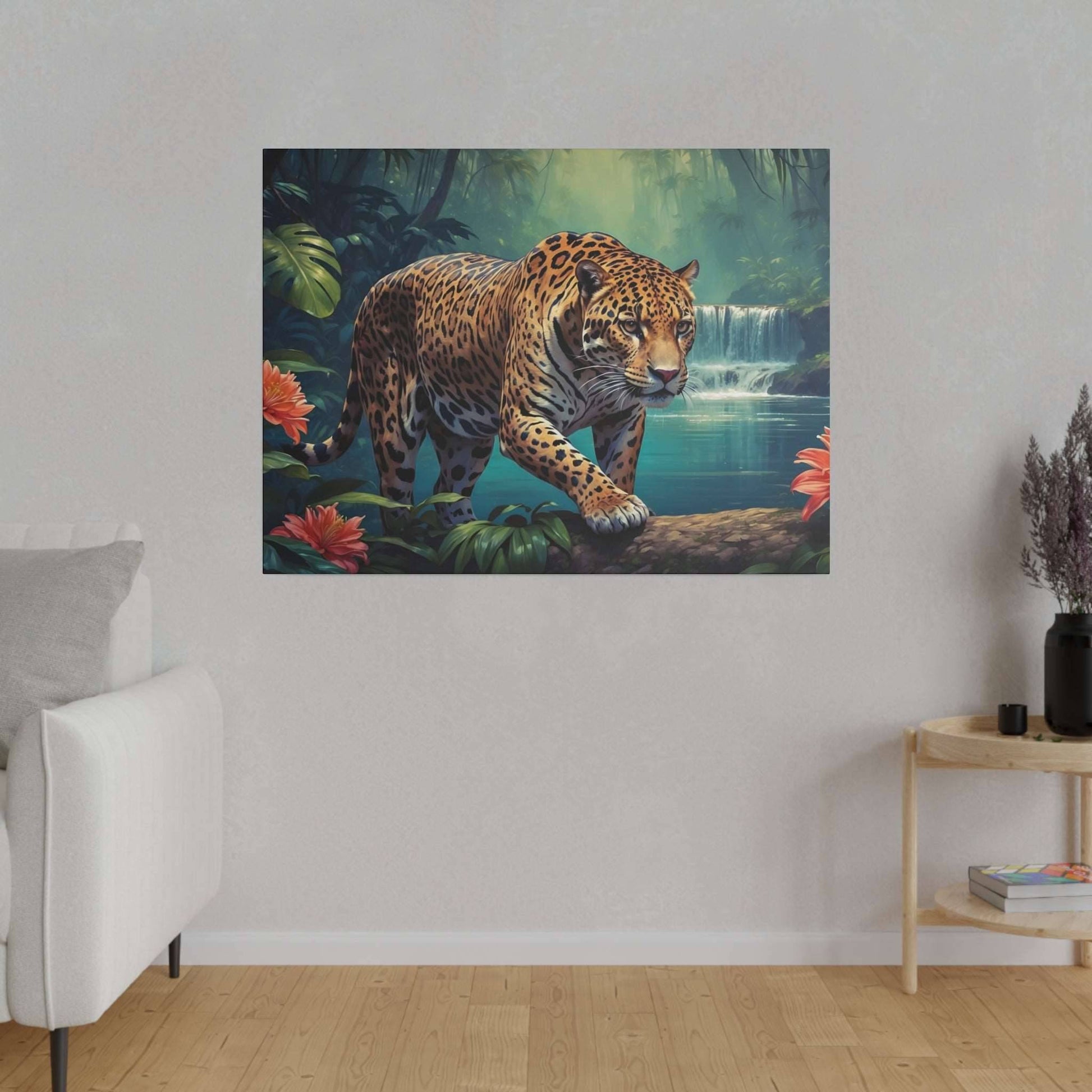Leopard walking on a log in a tropical jungle with a waterfall in the background, printed as a canvas wall art.