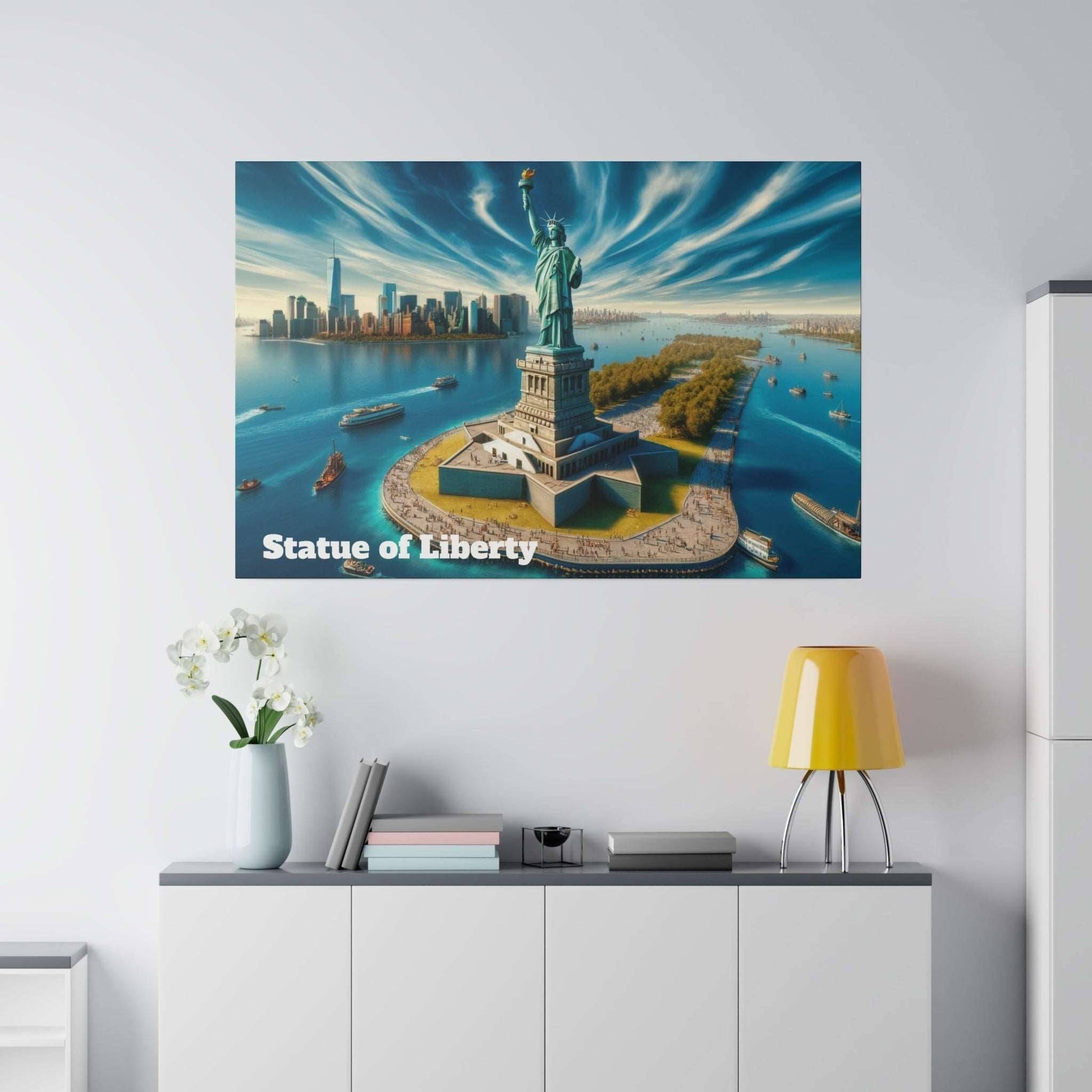 Canvas print of the Statue of Liberty on Liberty Island with blue sky and water, and white “Statue of Liberty” text.