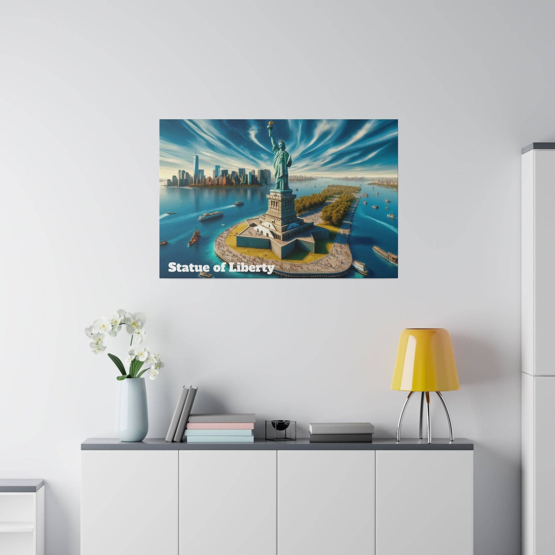 Poster on a white wall depicting the Statue of Liberty on Liberty Island with surrounding water and city skyline.