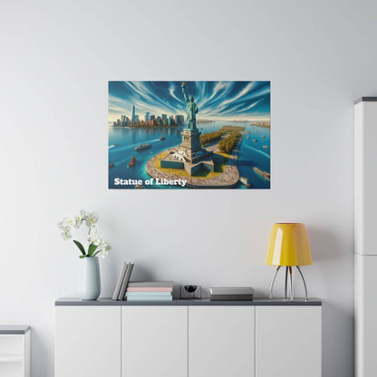 Poster on a white wall depicting the Statue of Liberty on Liberty Island with surrounding water and city skyline.