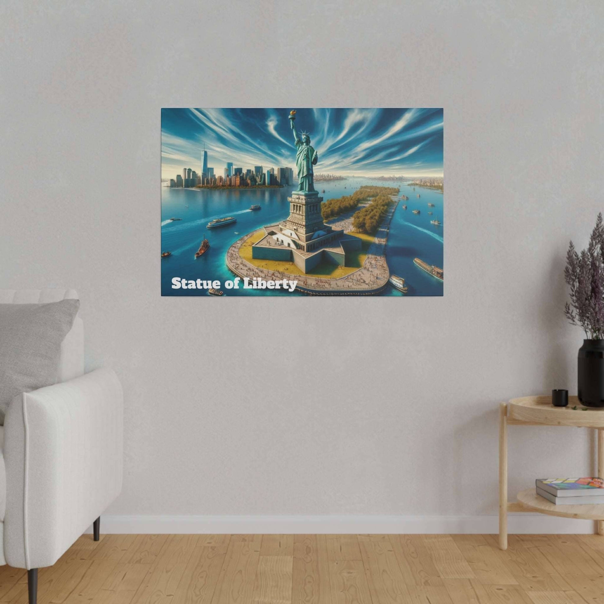 Panoramic canvas print of the Statue of Liberty overlooking New York Harbor with boats and skyline.