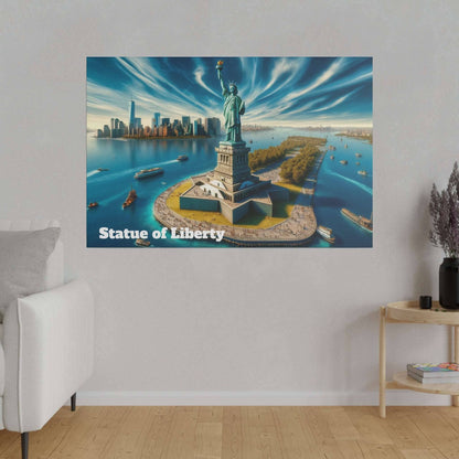 Canvas print titled “Statue of Liberty” showing an aerial view of Liberty Island with the Statue of Liberty, water surrounding, and the