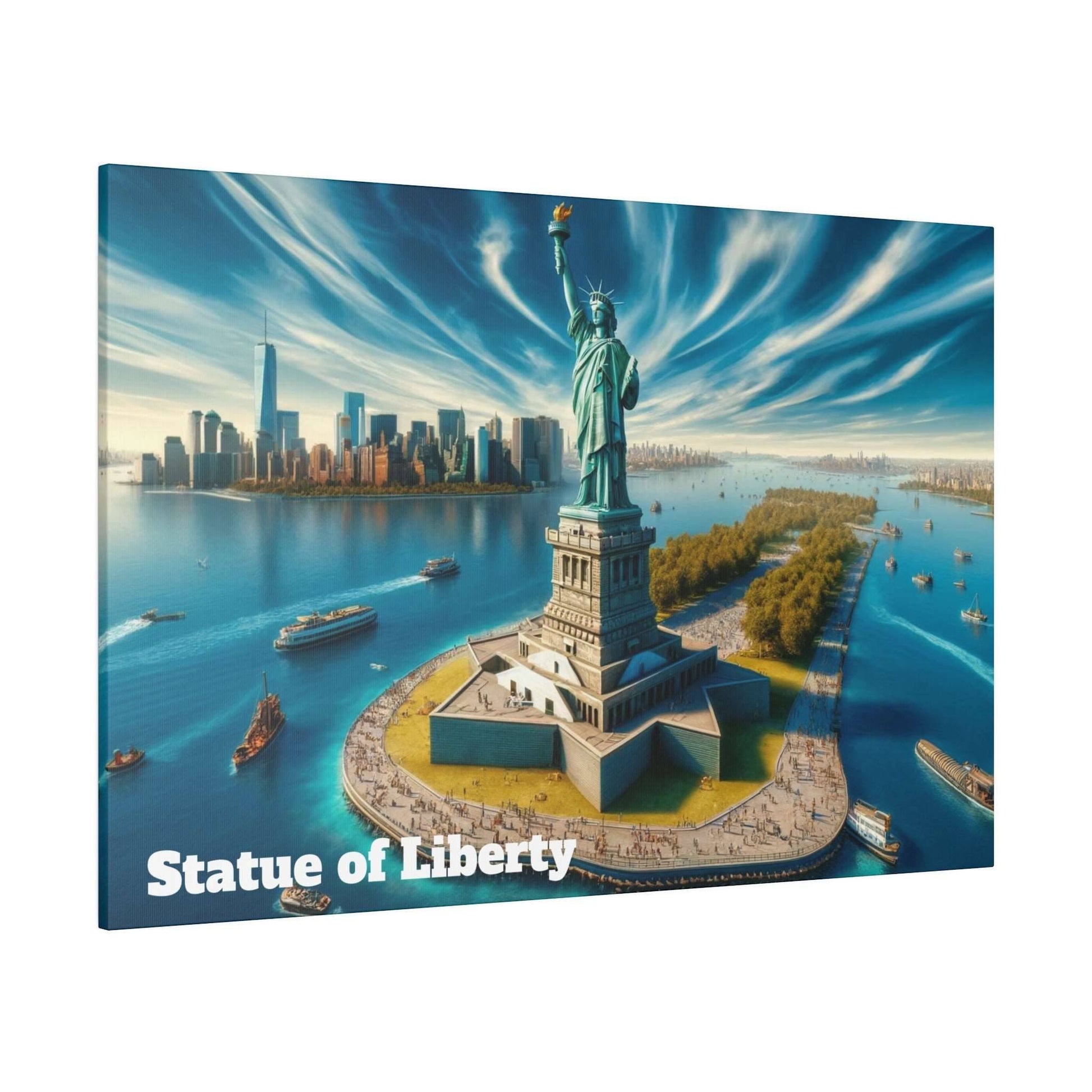 Panoramic canvas image of the Statue of Liberty on Liberty Island with the New York City skyline, harbor boats, and blue sky.