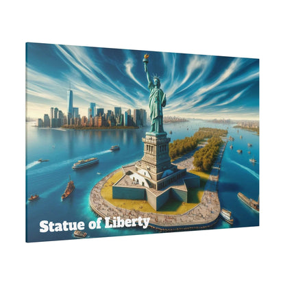 Aerial view of the Statue of Liberty on Liberty Island with Manhattan skyline and boats in blue water.