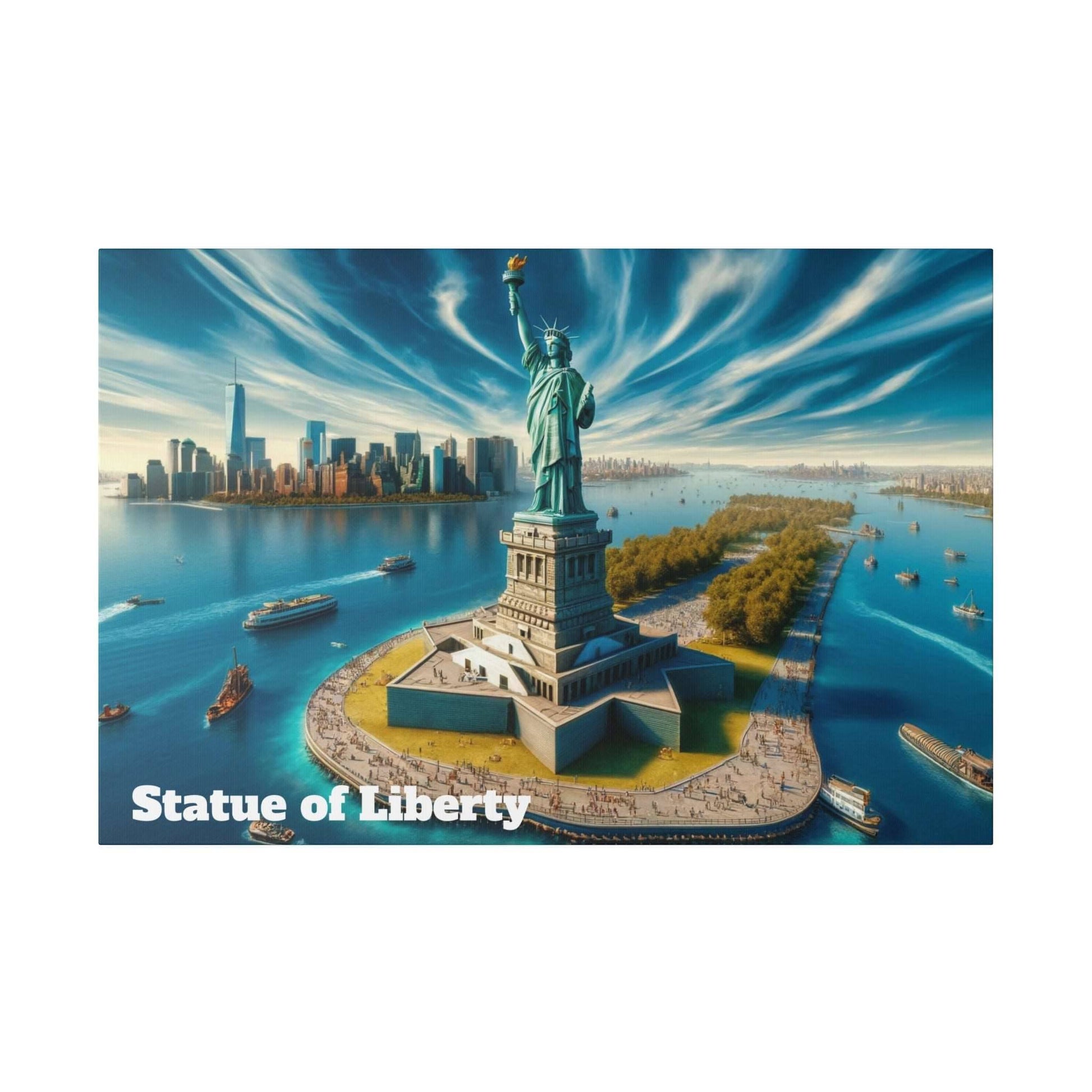 Aerial view of the Statue of Liberty on Liberty Island with the New York skyline, harbor, and boats.