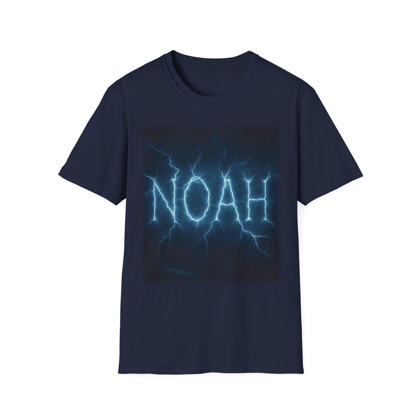 Navy short-sleeve T-shirt featuring a rectangular graphic of blue lightning forming the word NOAH on the chest.