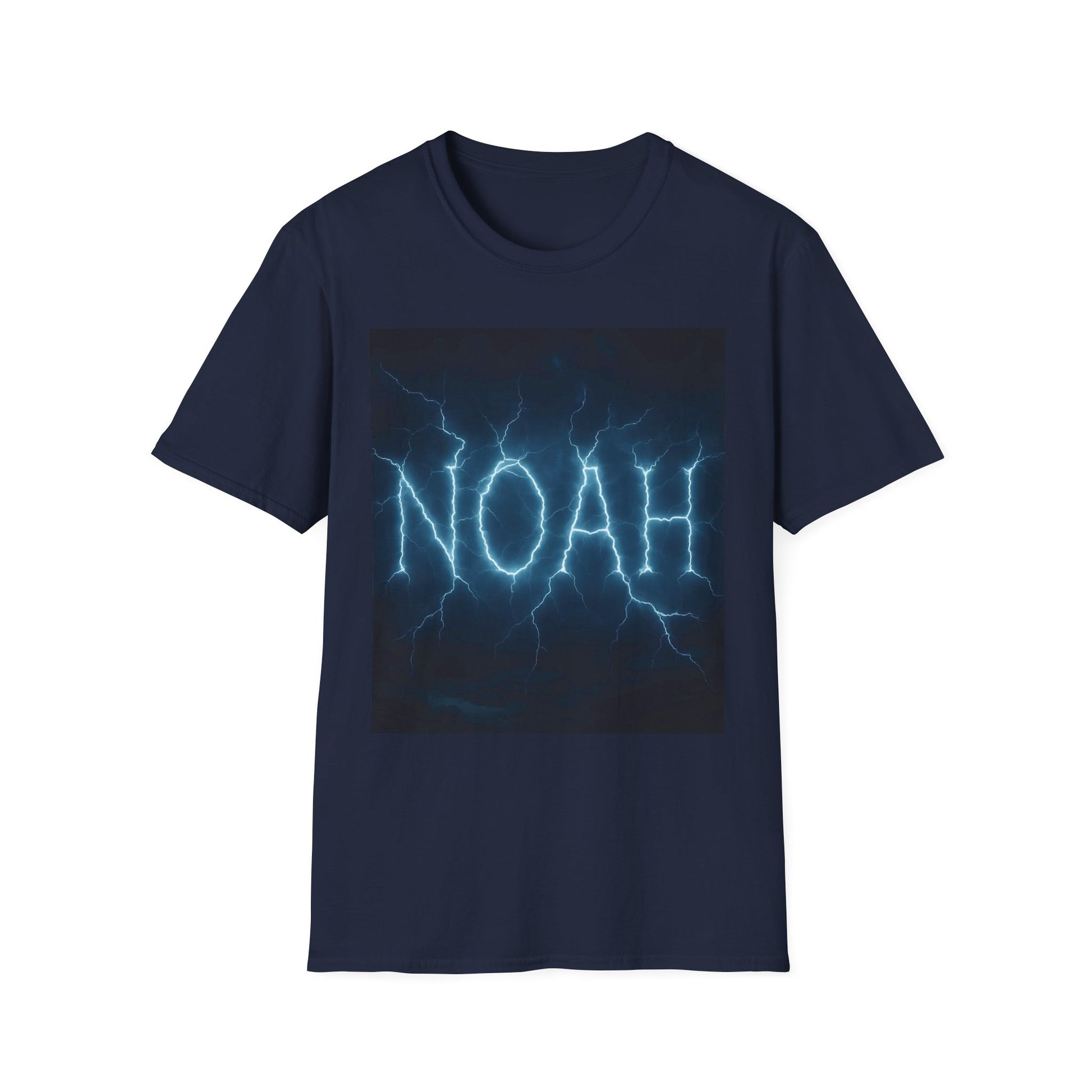 Navy short-sleeve T-shirt featuring a rectangular graphic of blue lightning forming the word NOAH on the chest.