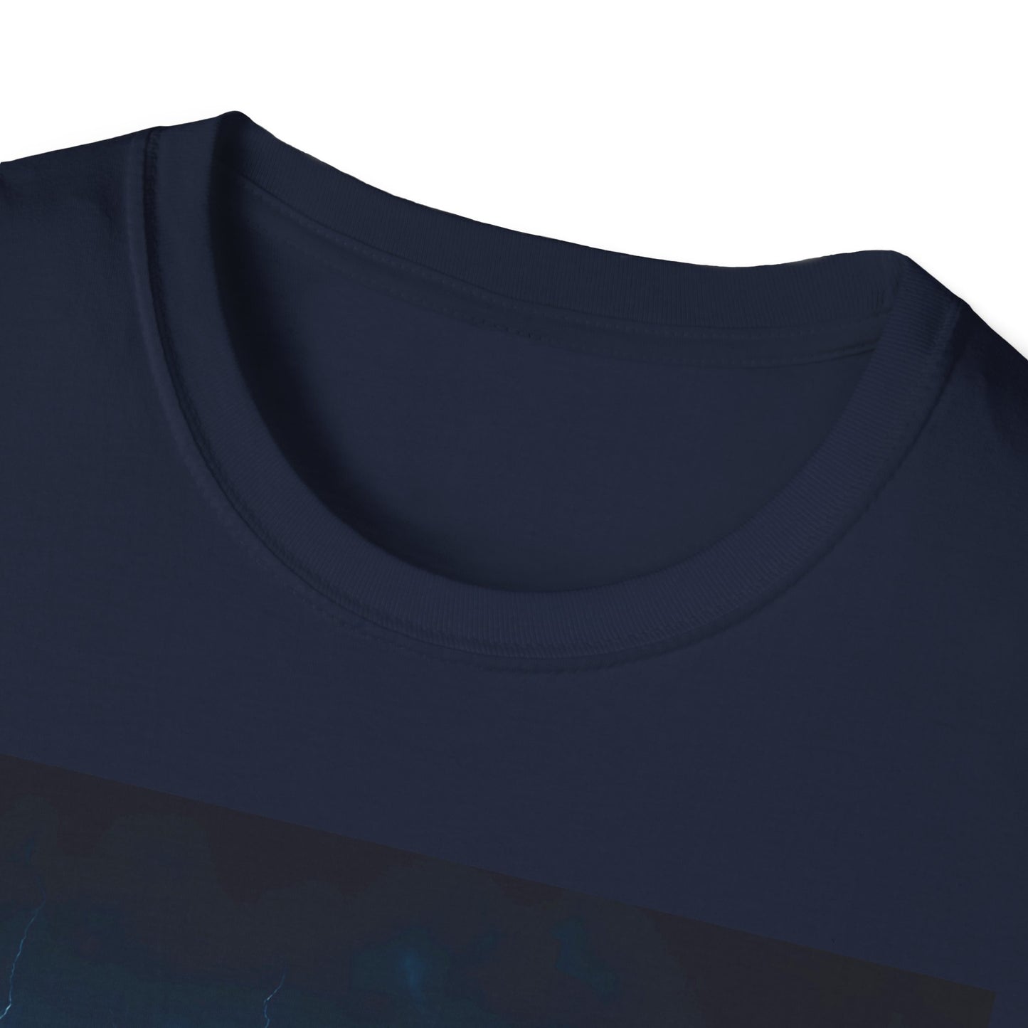 Close-up of a dark navy blue crew-neck T-shirt collar.