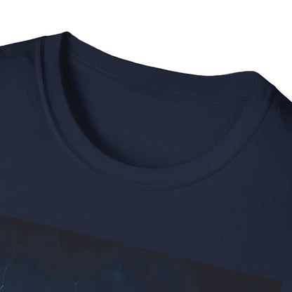 Close-up of a dark navy blue crew-neck T-shirt collar.