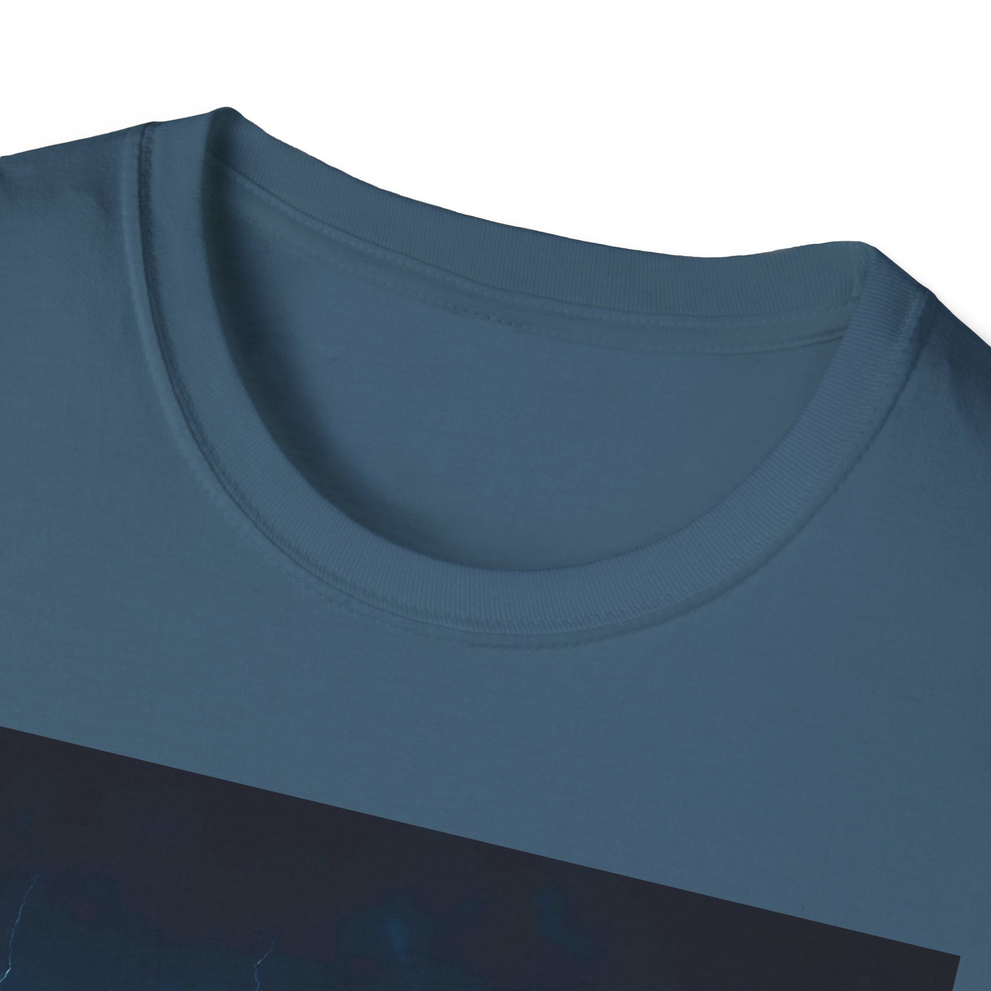 Close-up of a blue crew-neck T-shirt neckline, showing ribbed collar and cotton fabric.