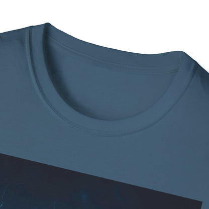 Close-up of a blue crew-neck T-shirt neckline, showing ribbed collar and cotton fabric.