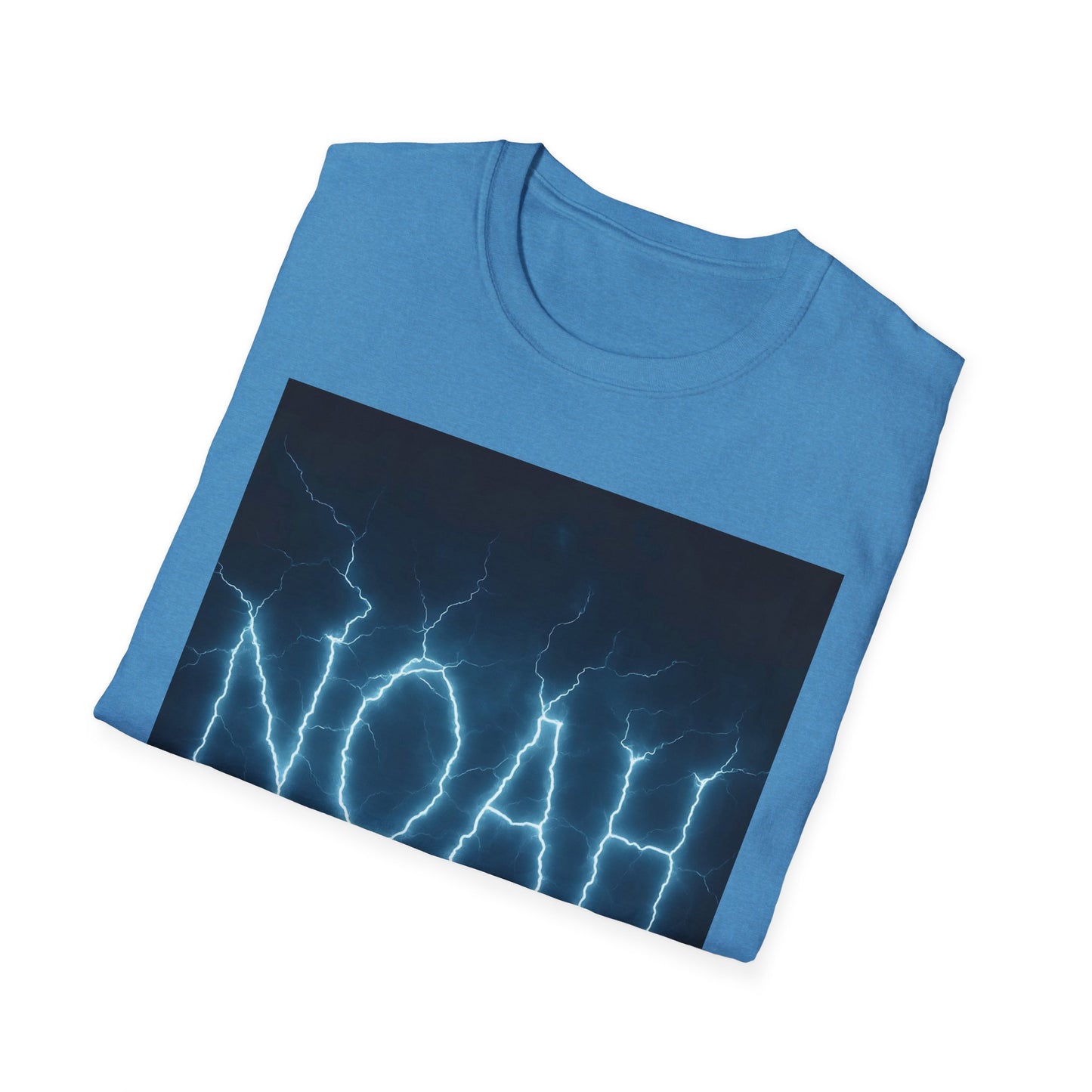 Blue short-sleeve t-shirt with a dark blue rectangular panel featuring white lightning bolts.