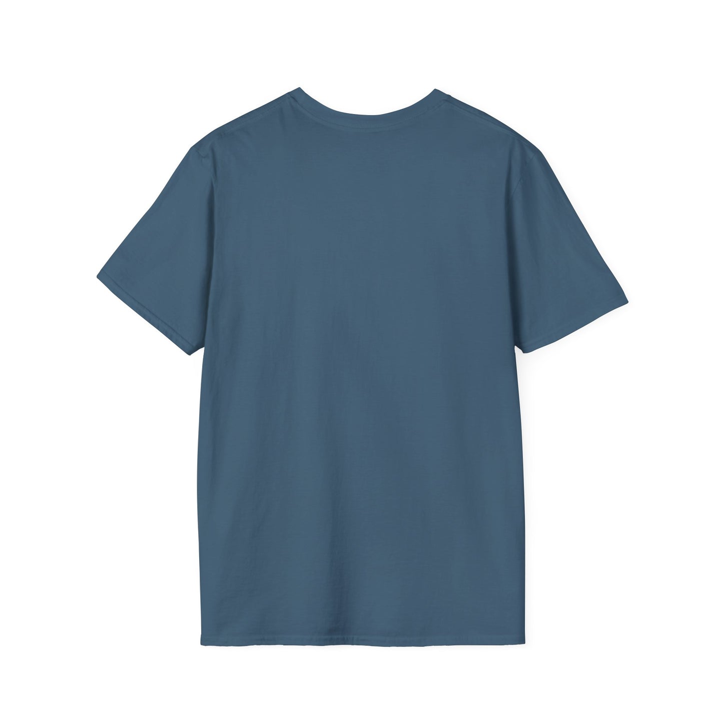 Blue short-sleeve T-shirt laid flat, seen from the back.