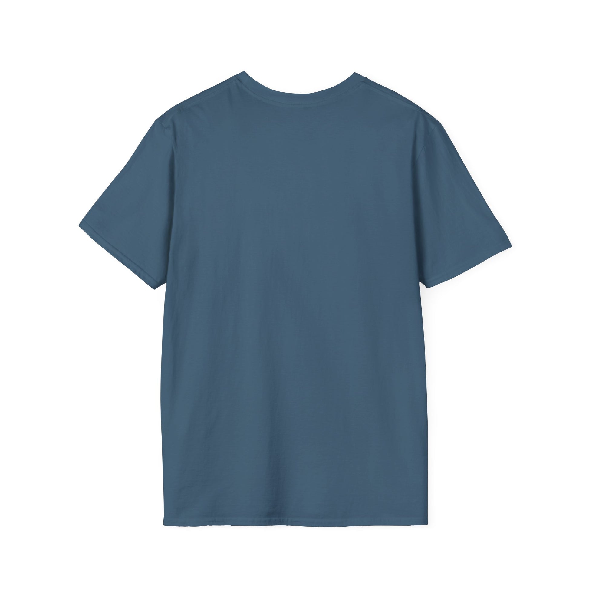Blue short-sleeve T-shirt laid flat, seen from the back.