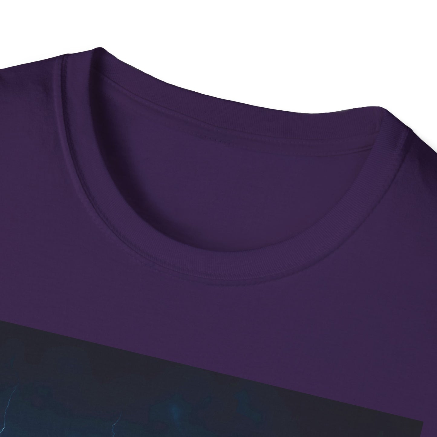 Close-up of a purple crew-neck T-shirt with a dark rectangular graphic near the bottom edge.