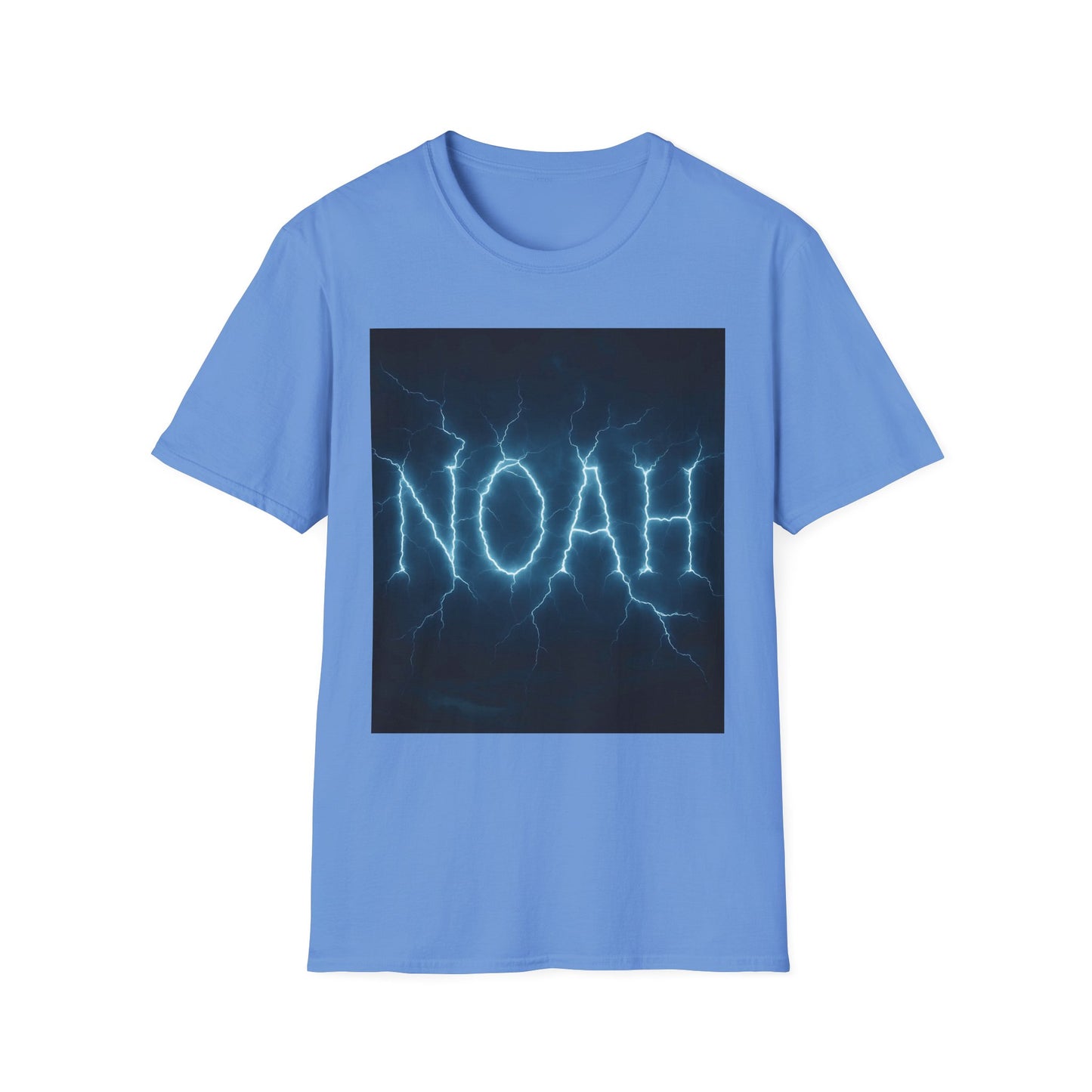 Light blue T-shirt featuring a dark square graphic with the word “NOAH” formed by blue lightning.