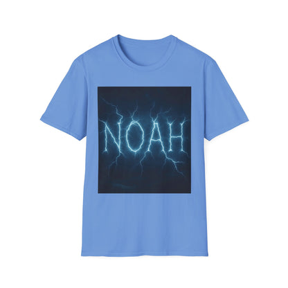 Light blue T-shirt featuring a dark square graphic with the word “NOAH” formed by blue lightning.